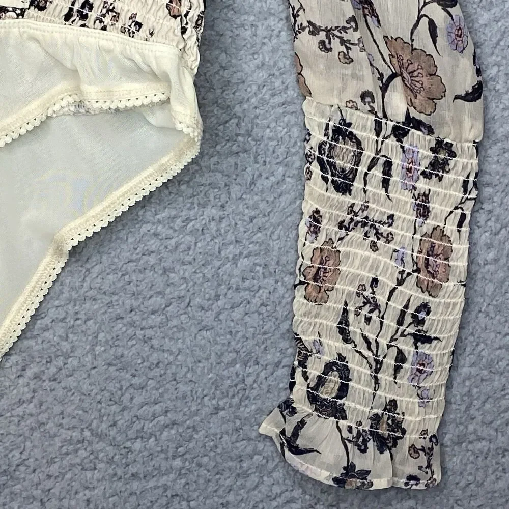 Free People Floral Milkmaid Coquette Bodysuit Ruched Ivory Sheer S
